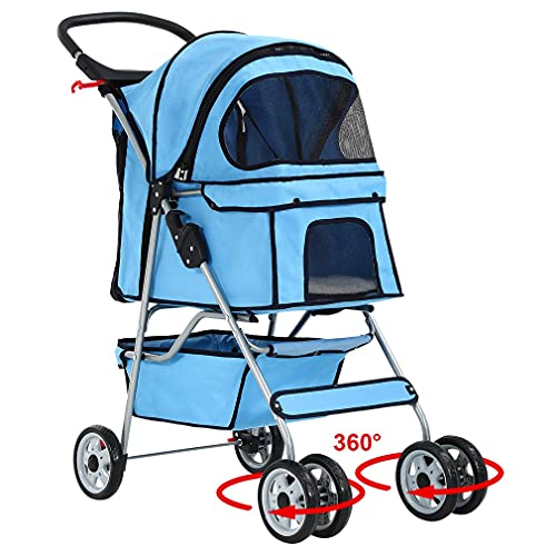 BestPet 4 Wheels Pet Stroller Cat Dog Cage Stroller Travel Folding Carrier 04T - Blue