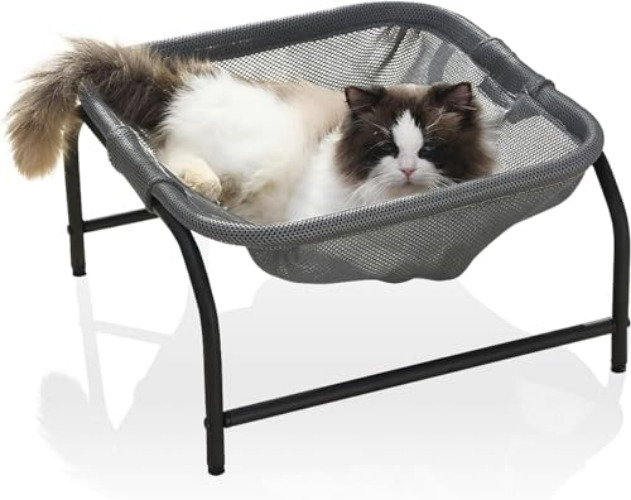 JUNSPOW Cat Bed Dog/Pet Hammock Bed Free-Standing Sleeping Bed Pet Supplies Whole Wash Stable Structure Detachable Excellent Breathability Easy Assembly Indoors Outdoors (Square(Gray), Medium) - Medium - Square(Gray)