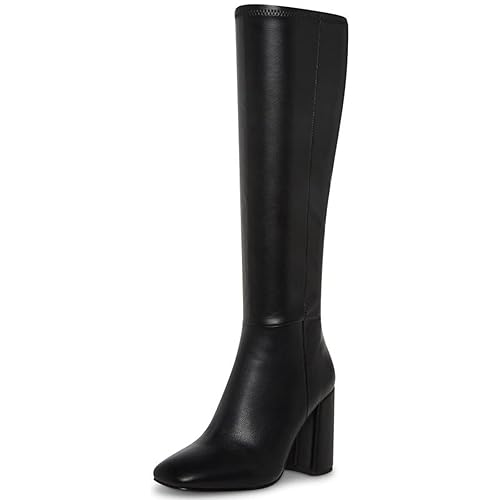 SOVANYOU Women's Faux Leather Tall Boots Fashion Square Toe Chunky Heel Knee High Boots with Side Zip - 6 - Black