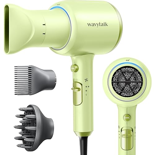 Wavytalk Professional Hair Dryer 1875W Blow Dryer Ionic Hair Dryer with Diffuser for Women with Constant Temperature, Hair Dryer with Ceramic Technology Fasting Drying Light and Quiet, Green - Moonlight Green (Comb+diffuser+nozzle)
