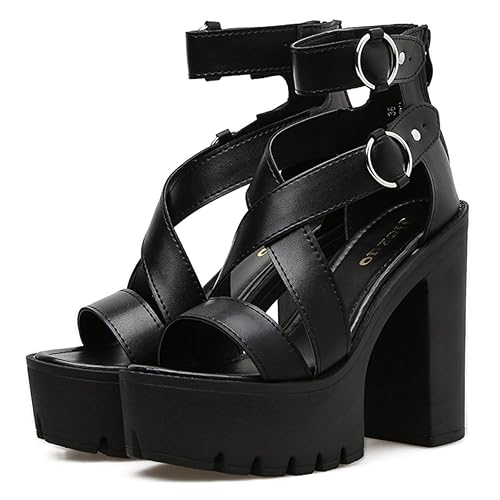 Womens High Chunky Heel Ankle Strap Goth Sandals,Comfort Cutout Open Toe Block Heel Multi Buckle Roman Gladiator Sandals Fashion Party Dress Platform Studded Punk Sandals Back Zipper - 6 - Black