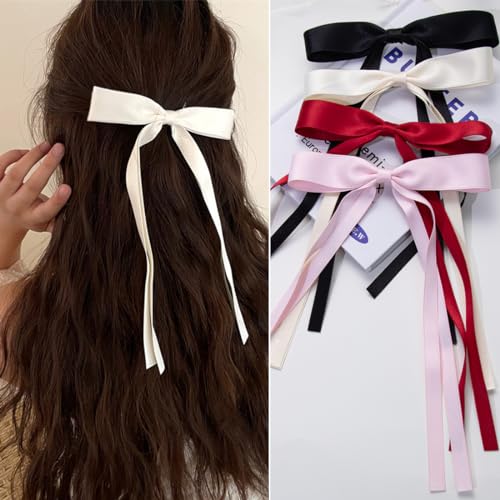 4 PCS Ribbon Hair Clips Bowknot With Long Tail,Bow Hair Clips,Hair Clips for Women with Bowknot Clips,Hair Bows for Women Ribbon for Hair Barrettes Bow clips(Black, Cream White, Pink, Wine Red) - Black, Cream White, Pink, Wine Red