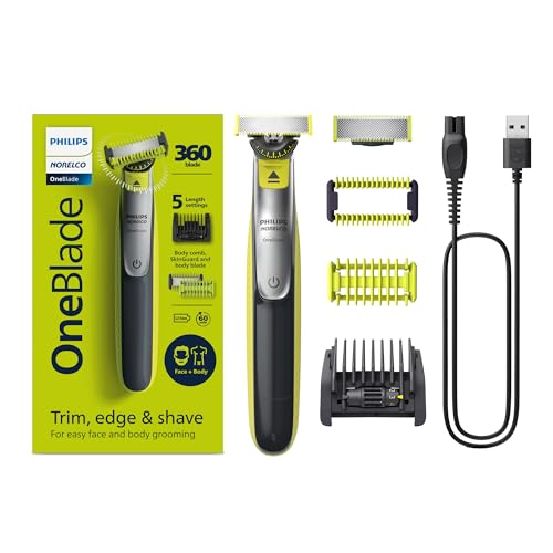 Philips Norelco OneBlade 360 Face + Body, Hybrid Electric Razor and Beard Trimmer for Men with 5-in-1 Face Stubble Comb and Body Hair Trimmer Kit, QP2834/70 - Latest Version - OneBlade 360 Face + Body