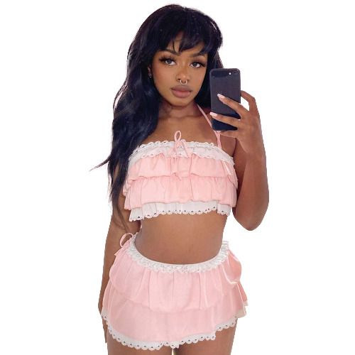 YOMORIO Womens Kawaii Japanese Ruffle Bikini Swimsuit Anime Cute Cat Cosplay Lingerie Costume - Pink