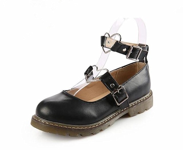 Japanse Harajuku Sweet Lolita Shoes PU Leather Heart Strap Mary Jane Flat Shoes