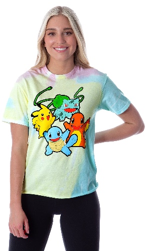 Mad Engine Pokemon Women's Pikachu Squirtle Charmander Bulbasaur Tie-Dye Skimmer T-Shirt