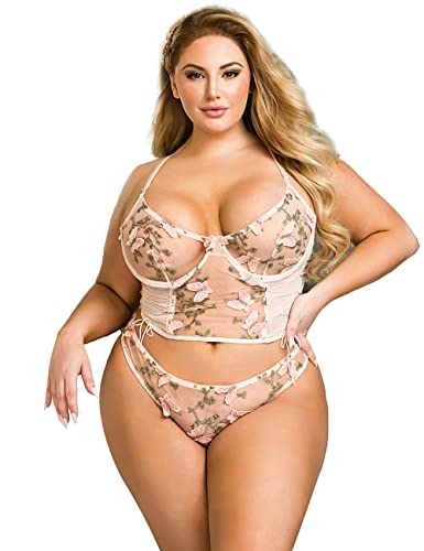ohmydear Femme Ensemble Lingerie Erotique Grande Taille Lingerie Set Sexy Ensemble de sous-vêtements Ensemble de Lingerie Tenue Sexy Hot 2 pièces Soutien-Gorge et Culotte en Dentelle - Rose - 3XL-4XL
