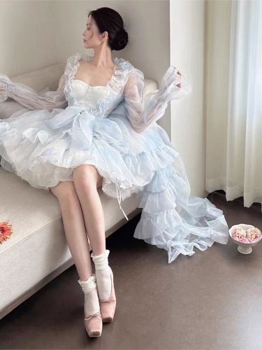 Women Organza Chic Blue Asymmetrical Vintage Summer Mini Dress Female Ruffles Party Vestidos Lady Holiday Puff Birthday Dress