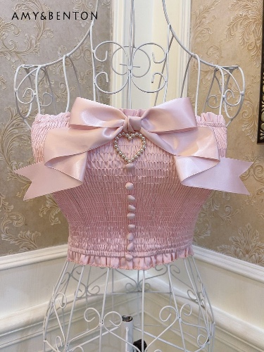 Retro Sweet Princess Bow Love Pearl Wooden Ear Bare Midriff Slim Fit Slimming Short Tube Top for Women Pink Sling Tops Ladies