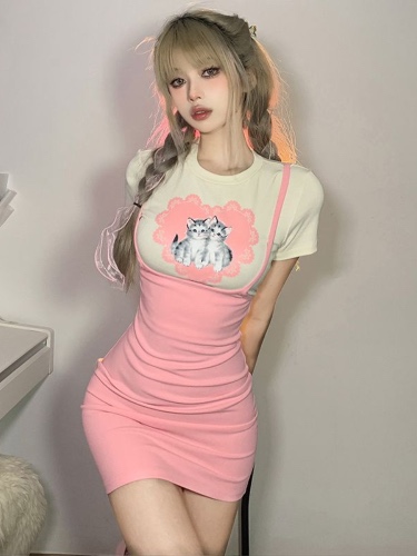 QWEEK Y2k Kawaii Slip Dress Women 2023 Summer Fashion Sexy Cute Print Bdoycon Short Dresses Sundress Soft Girl Two-piece Suit