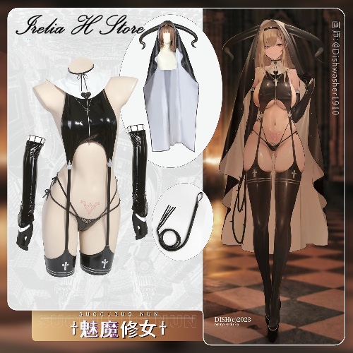 Irelia H Store Meimo nun Sexy Jumpsuit  Little devil Sexy lingeries Cosplay private photo shoot Jumpsuit style leather Halloween