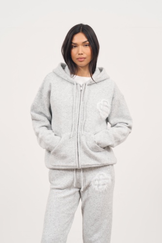 FLUFFY EMBLEM ZIP THROUGH KNITTED HOODIE - GREYMARL | XS