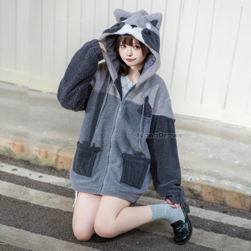 Fluffy Raccoon Zip Up Hoodie - M