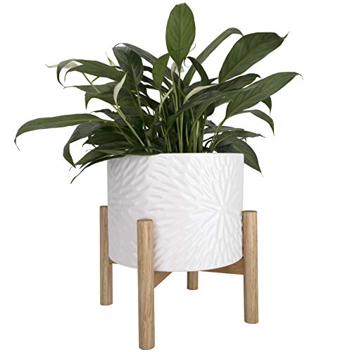 LA Jolie Muse White Planter with Stand,Mid Century Planters for Indoor Plants,Ceramic Plant Pot with Stand - 8 Inch Unique Modern Flower Pots Indoor with Drainage Holes - Bright White - Medium