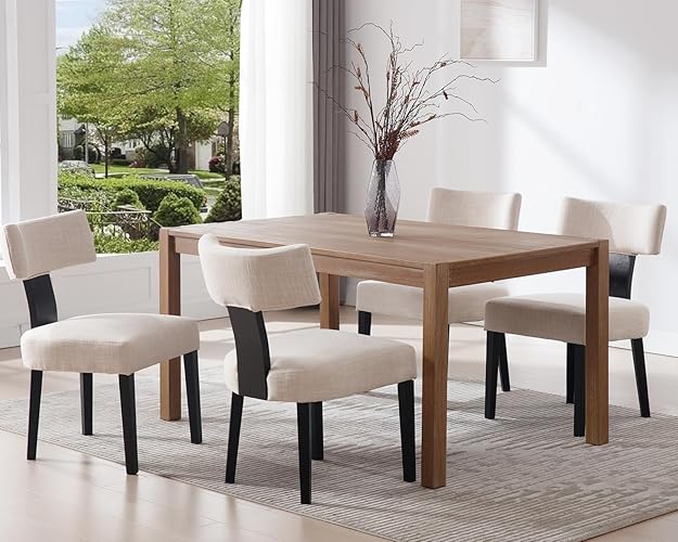 HNY Mid Century Modern Farmhouse Dining Chairs Set of 4, Linen Upholstered Accent Chair Curved Backrest Kitchen Chairs, with Black Hardwood Frame, Beige - 4PC - Linen-beige-black Legs