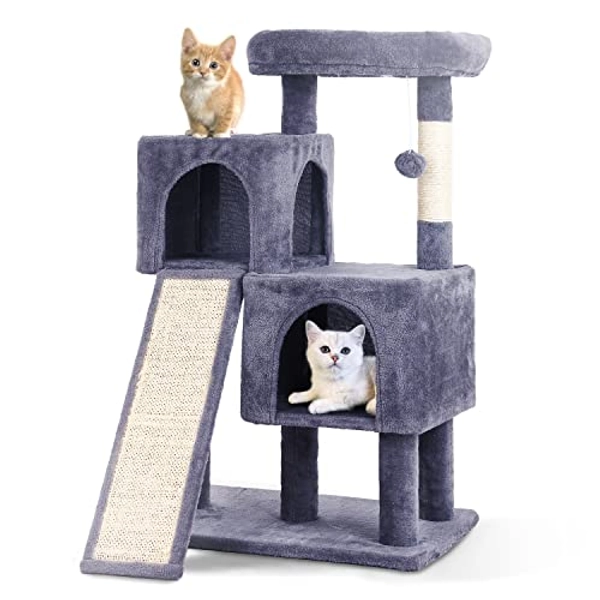 36 inches Cat Tower,Cat Tree for Indoor Cats with Scratching Posts Multi-Level Cat House with Ramp,Double Condos,Spacious Perch,Scratching Sisal Post and Dangling Balls for Kittens,Dark Grey