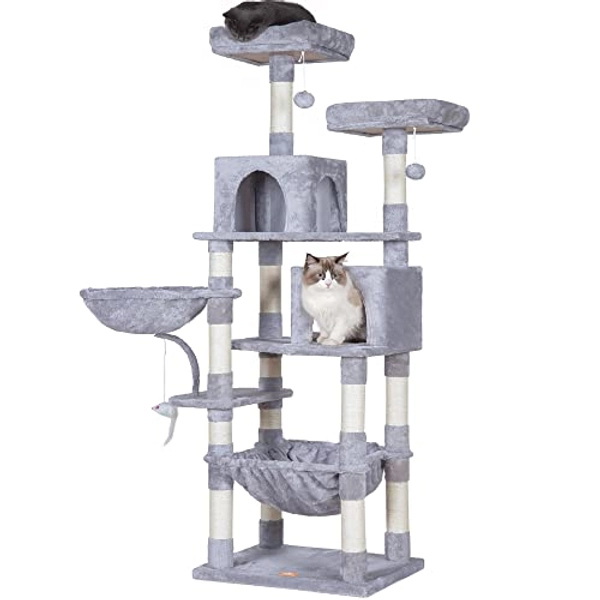 Heybly Cat Tree, 70 inches Tall Cat Tower condo with Toy for Indoor Large Cats, Cat House Furniture with Padded Plush Perch, Cozy Hammock and Sisal Scratching Posts,Light Gray HCT032W