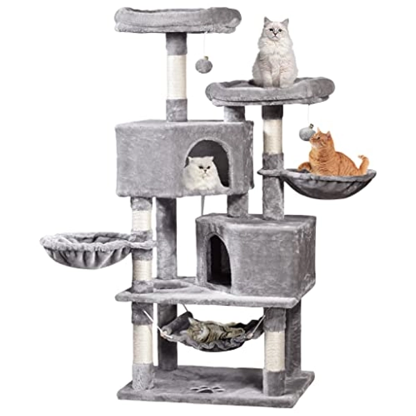 MQ Cat Tree Cat Tower 57in Multi-Level Cat Scratching Post with Condos, Basket, Hammock & Plush Perches for Kittens, Large Cats, Light Gray