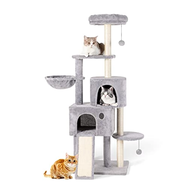 TSCOMON 59" Multi-Level Cat Tree Cat Tower for Indoor Cats, Tall Plush Rest Area with Spacious Cat Condos, Scratching Posts with Hammock Basket and Hanging Toy, Cat Furniture with House for Rest & Fun