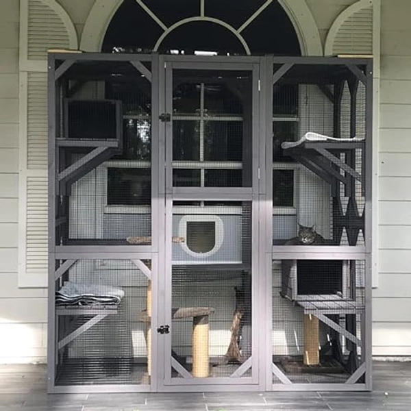 Gutinneen Large Cat House Outdoor Walk in Wooden Cat Enclosure Indoor Cage Kitty Condo Playpen with Door, Platform & Small House