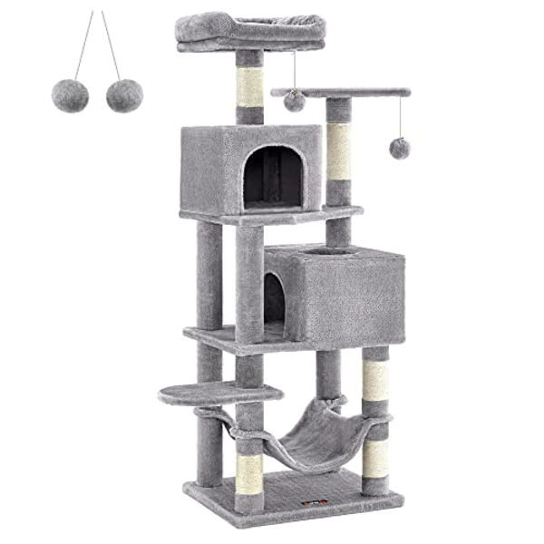 Feandrea Cat Tree, 61-Inch Cat Tower for Indoor Cats, Plush Multi-Level Cat Condo with 5 Scratching Posts, 2 Perches, 2 Caves, Hammock, 2 Pompoms, Light Gray UPCT192W01