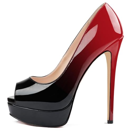 MERUMOTE Women's Platform Stiletto Heels Shoes Peep Toe Pumps 6 inch Heels for Dress Wedding Party - 8.5 - Gradient Red Black