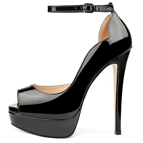 MERUMOTE Women's Platform Stiletto Heels Shoes Peep Toe Pumps 6 inch Heels for Dress Wedding Party - 8.5 - Black Ankle Straps