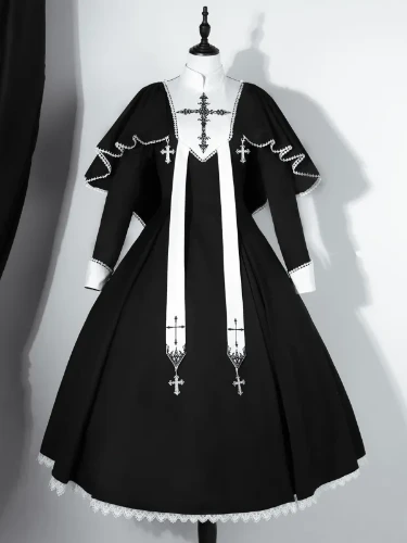 [$72.00]Black and White Cross Embroidery Gothic Nun Lolita Dress + Cape Set