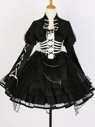 [$72.00]Gothic Ribs Design Waist Jumper Skirt + Bolero Set Black and White