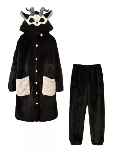 [$62.50]Black and White Grim Reaper Gothic Winter Plush Pajama Set Nightgown with Pants