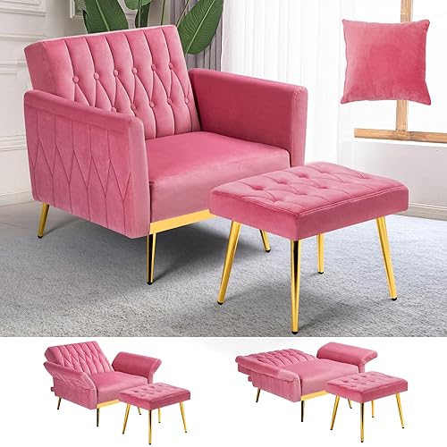 ACMEASE Velvet Accent Chair with Adjustable Armrests and Backrest, Button Tufted Lounge Chair, Single Recliner Armchair with Ottoman and Pillow for Living Room, Bedroom, Pink - Pink