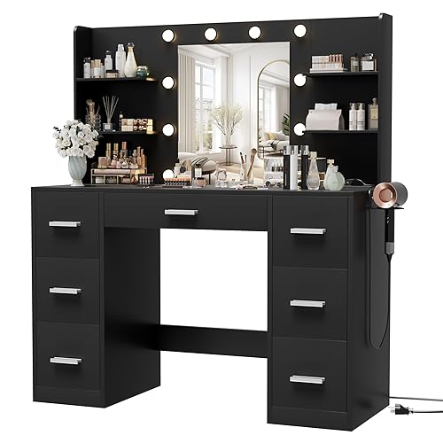 Furmax Vanity Desk with Mirror, LED Lights and Power Outlet Makeup Vanity Table with 7 Drawers and 6 Storage Shelves Dressing Table for Bedroom Dressing Room (Black) - Black