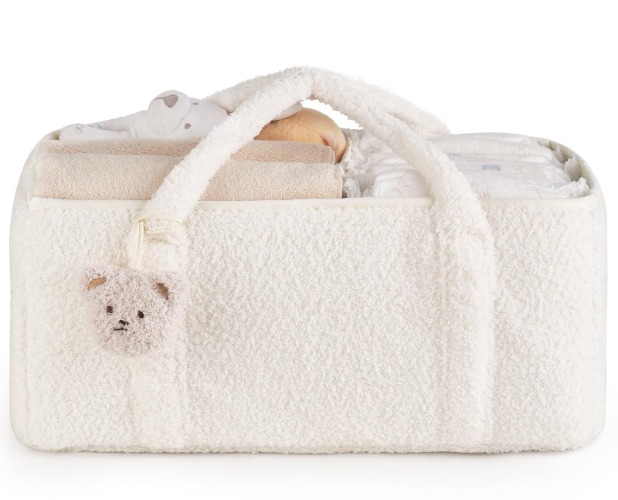 Dahey Baby Diaper Caddy Organizer with Bear, Nursery Storage Basket Gifts for Newborn Shower Essentials, Handle Portable Car Diaper Bag for Baby Changing Table Baby Registry Stuff, White - White