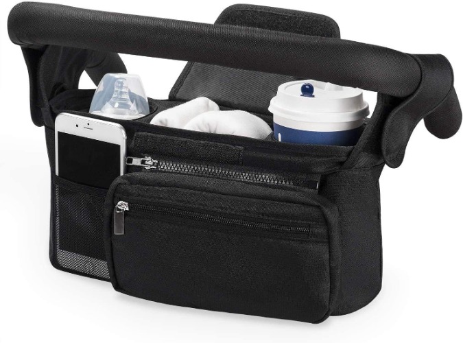 Universal Stroller Organizer with Insulated Cup Holder Detachable Phone Bag & Shoulder Strap, Fits for Stroller Like Uppababy, Baby Jogger, Britax, BOB, Umbrella and Pet Stroller (Black) - Black