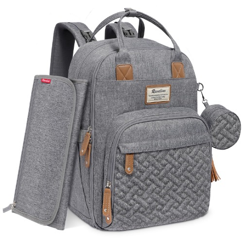 RUVALINO Diaper Bag Backpack, Neutral All-in-One Baby Bags for Boy Girl, Multifunction Large Travel Backpack with Portable Changing Pad, Stroller Straps, Pacifier Case and Insulated Pockets, Gray - Light Gray