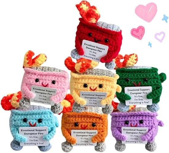 Emotional Support Dumpster Fire, Hand Made Crochet Cute Little Dumpster Fire with Positive Card (7 PCS Mix) - 7 Pcs Mix