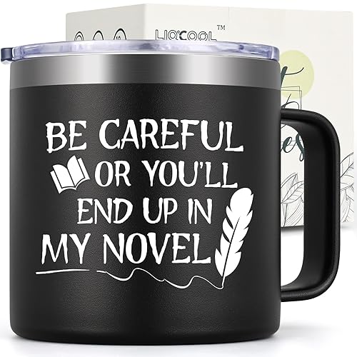 LiqCool - Gifts for Writers, 14Oz Be Careful You Will Insulated Writer Coffee Mug, Cool Gifts for Writers Authors, Novelty Christmas Birthday Gifts for Novelist Poet Scriptwriter Journalist(Black) - Black