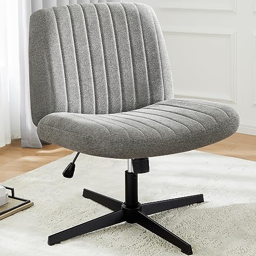 Cross Legged Office Chair, Armless Wide Desk Chair No Wheels, Modern Home Office Desk Chair Swivel Adjustable Fabric Vanity Chair - Grey - No Wheels