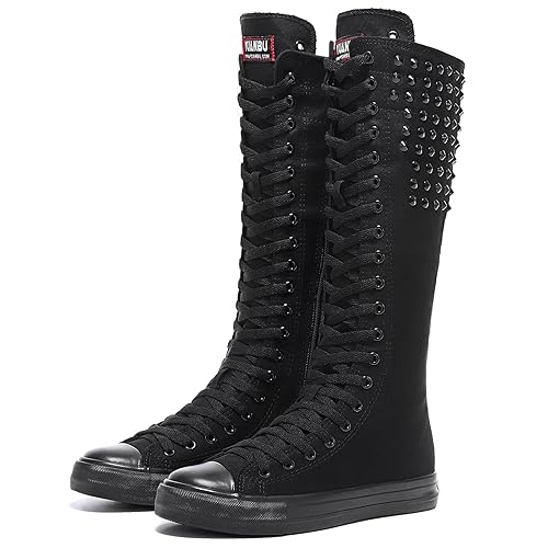 Momuk Long Rivet Knee High Canvas Boots Punk Style for Women & Girls - 10 - Black