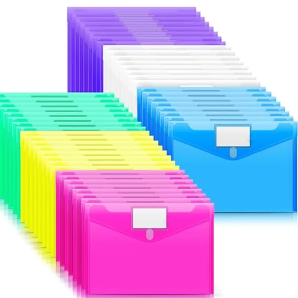 Sooez 48 Pack Plastic Envelopes Poly Envelopes, Clear Document Folders Plastic File Folders US Letter A4 Size File Envelopes with Label Pocket, Assorted Color