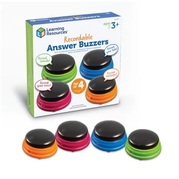 Learning Resources Recordable Answer Buzzers - Set of 4, Ages 3+ | Pre-K Personalized Sound Buzzers, Recordable Buttons, Game Show Buzzers, Perfect for Family Game and Trivia Nights