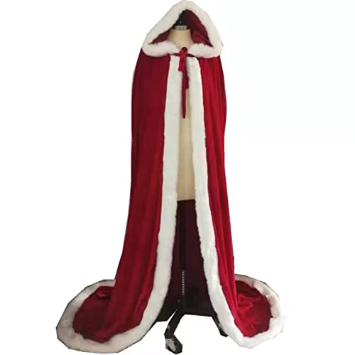Classic Red Christmas Hooded Cape Mrs Claus Outfit with White Fluffy Trim Velvet Santa Claus Cloak - S-100CM/39IN