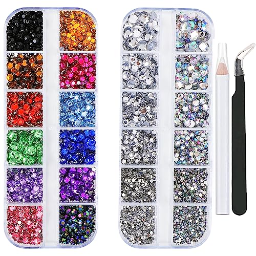 EYENICE 5320 Pieces Flat Back Gems Round Crystal Rhinestones 6 Sizes (1.5-6 mm) Colorful Gems with Pick Up Tweezer and Rhinestones Picking Pen for Crafts Nail Face Art Clothes Shoes Bag DIY - Clear AB & Mix 12 Colors