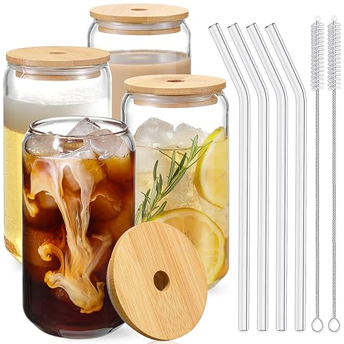 Drinking Glasses with Bamboo Lids and Glass Straw 4pcs Set - 16oz Glass Cups, Iced Coffee Glasses, Cute iced Tea Glasses, Beer Glasses, Ideal for Coffee Bar Accessories, Aesthetic Gift - 2 Brushes - 4