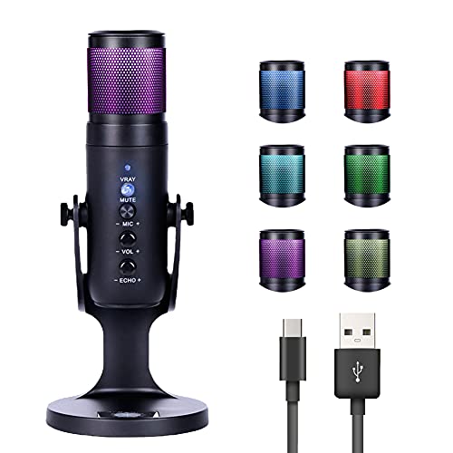 USB Mikrofon, RGB PC Gaming Kondensator Mikrofon Studioqualität für PS4 Mac LED Farbatmosphärenlicht Microphone mit Ladekabel für Streaming Aufnahmen Podcasting Broadcasting Gaming Live Mehr