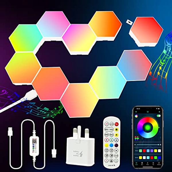 Hexagon Lights, LED Hexagon Wall Lights, Smart Home Decor Creative Lights with Music Sync, APP & Remote Control, Led Light Wall Panels Decor for Living Room, Bedroom, Gaming Rooms,10 Pack