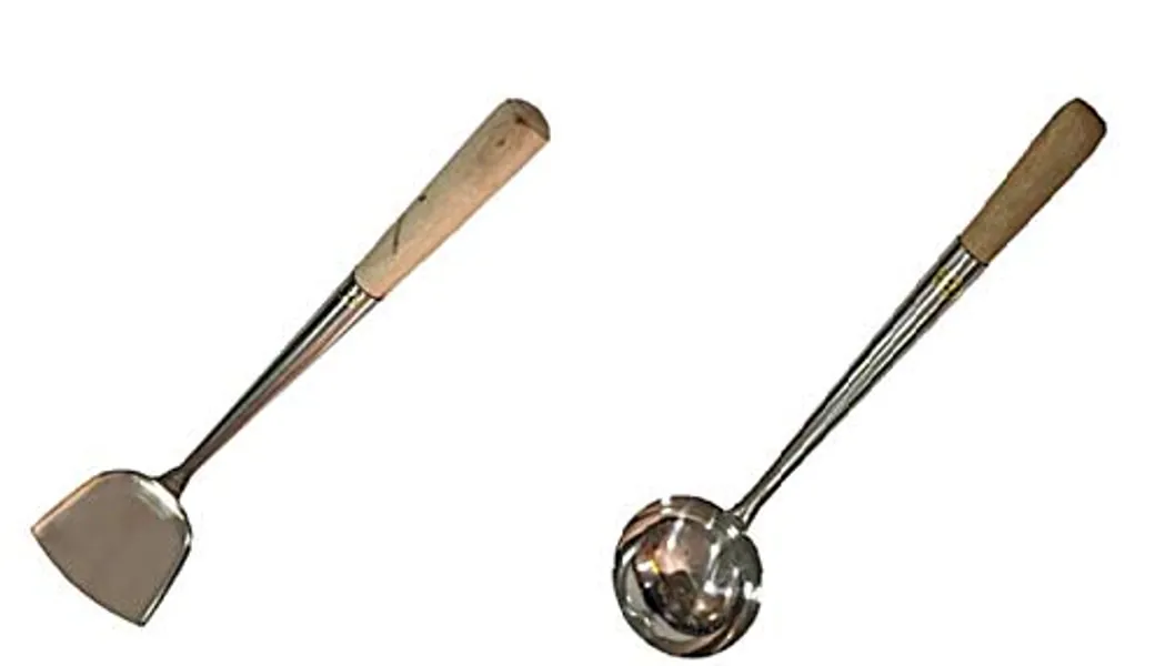 Commercial Grade Wok Shovel & Ladle Set, Wood Handle Sunrise Kitchen Supply #3 (16.75" L)