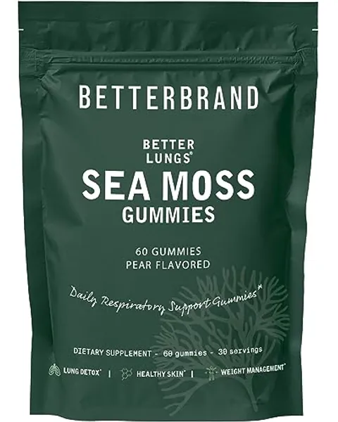 Betterbrand BetterLungs Pear Flavored Sea Moss Gummies - 1600mg Bladderwrack & Burdock Root for Lung & Immune Support, 60 Count