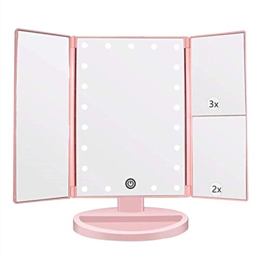 Flymiro Tri-fold Lighted Vanity Makeup Mirror with 3x/2x/1x Magnification, 21Leds Light and Touch Screen,180 Degree Free Rotation Countertop Cosmetic Mirror,Travel (Pink) - Pink