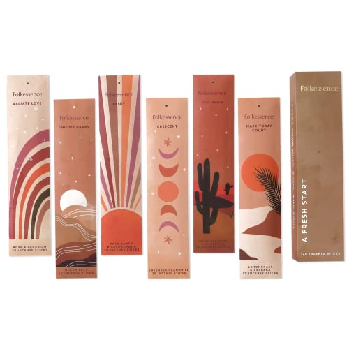 Folkulture Incense Sticks - Set of 6-120 Sticks, Palo Santo Incense Sticks, Sandalwood Incense Sticks, Lemongrass, Rose Geranium, Insense Sticks, Organic & Slow Burning Inscents - A Fresh Start - Pack of 6 (120 Sticks)